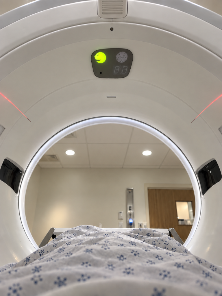 Patient view inside a CT scanner looking up at the breath-hold indicator display