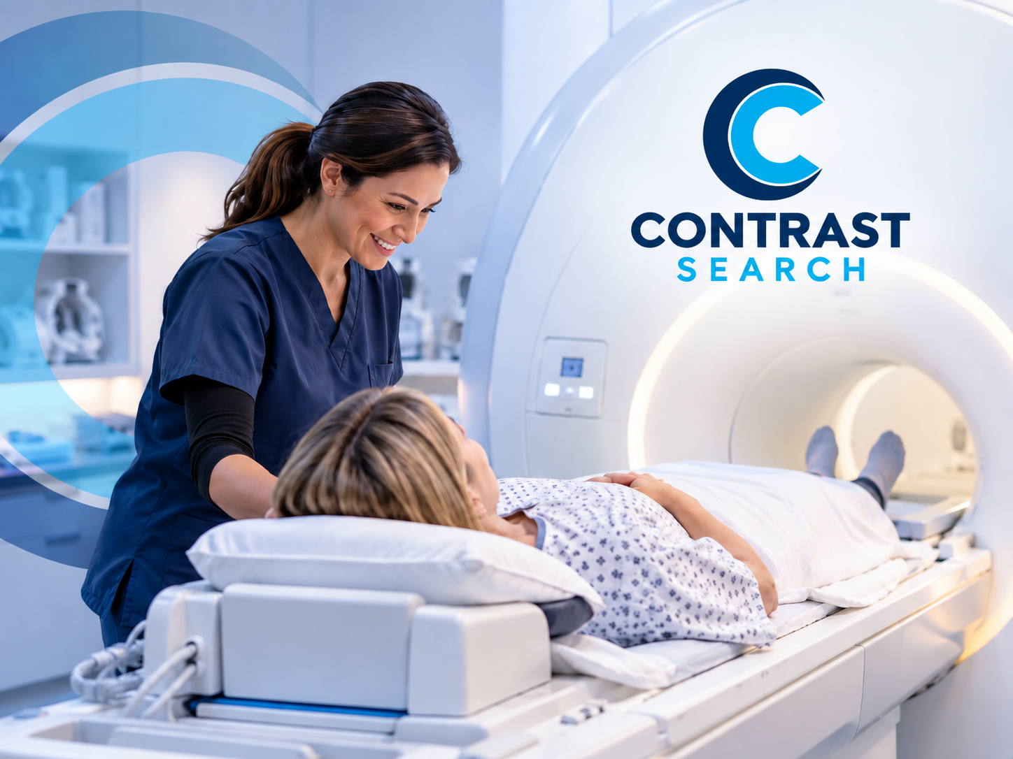 Contrast Search featured image showing a caring medical imaging scene with MRI staff and patient, branded with the Contrast Search logo