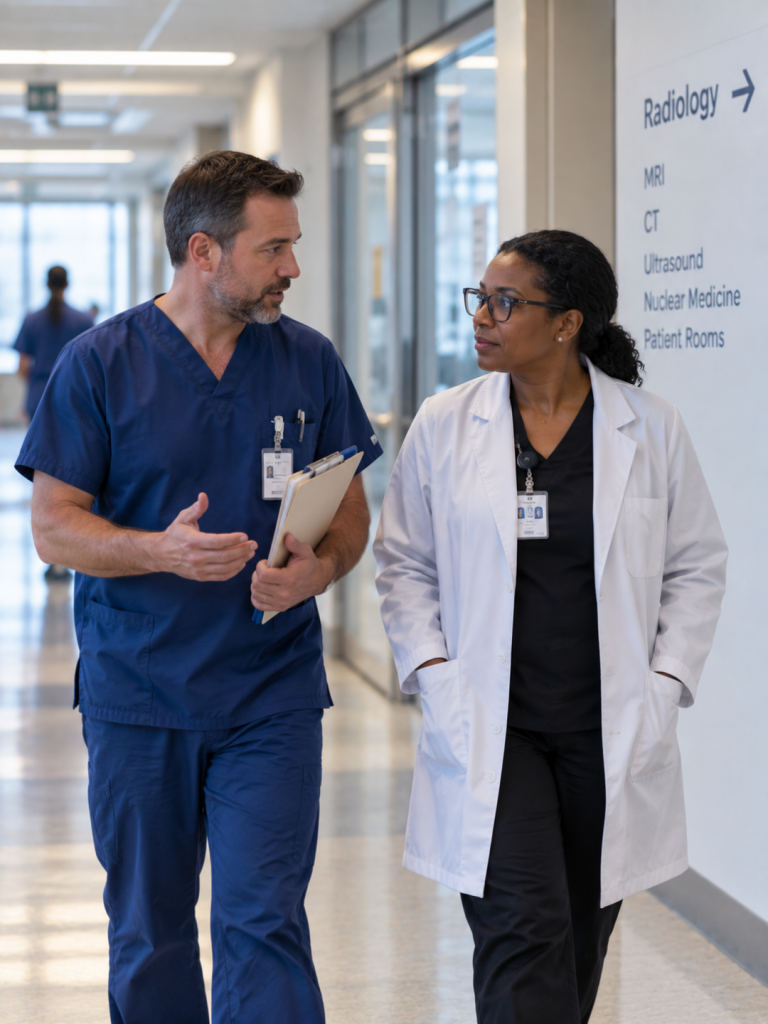 Healthcare professionals walking and talking in a hospital hallway near an imaging department