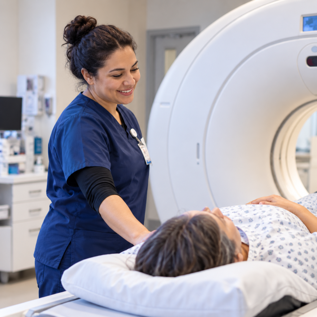 MRI technologist reassuring a patient before a medical imaging scan