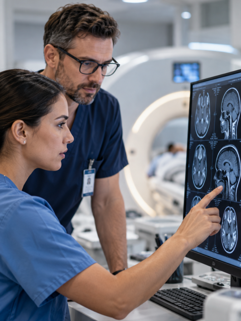 Medical imaging professionals reviewing diagnostic brain scans in a radiology department