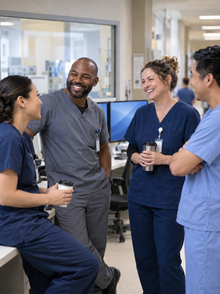 Medical imaging professionals talking and laughing together in a hospital imaging department