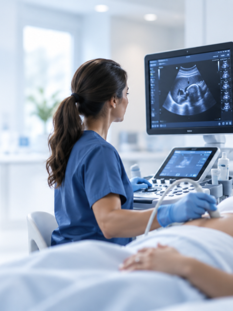 Sonographer performing an ultrasound exam in a modern medical imaging clinic
