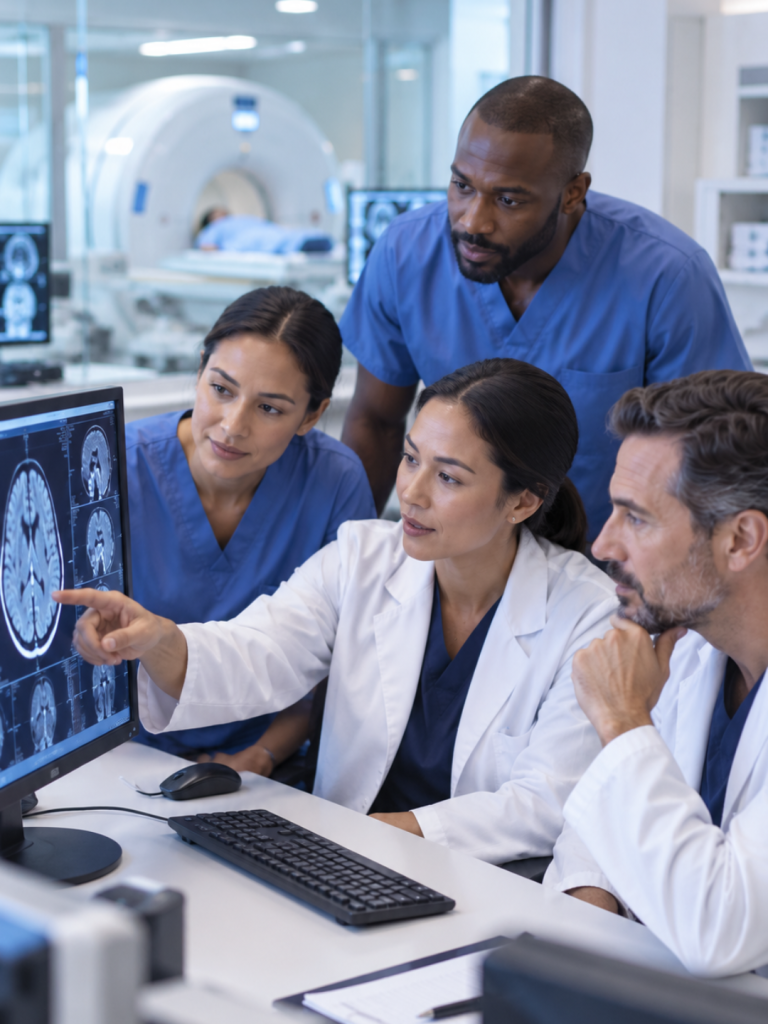 Medical imaging professionals reviewing brain scan images in a modern radiology department